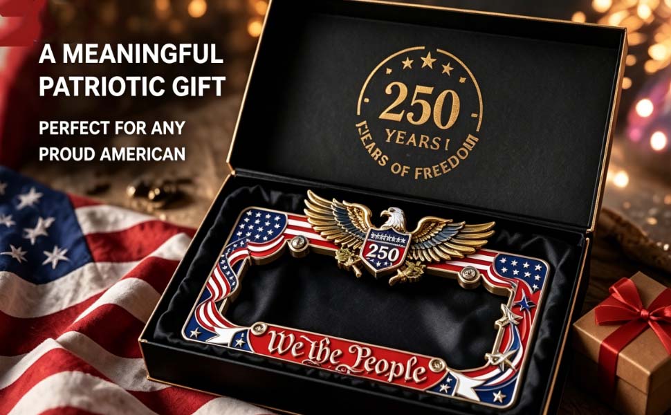 2PCS Heavy-Duty Aluminum 250th Anniversary American Flag License Plate Frame - Front License Plate Cover, We The People Car Tag Holder, Patriotic Auto Decor Car Accessories For Men, July 4th Truck Gear