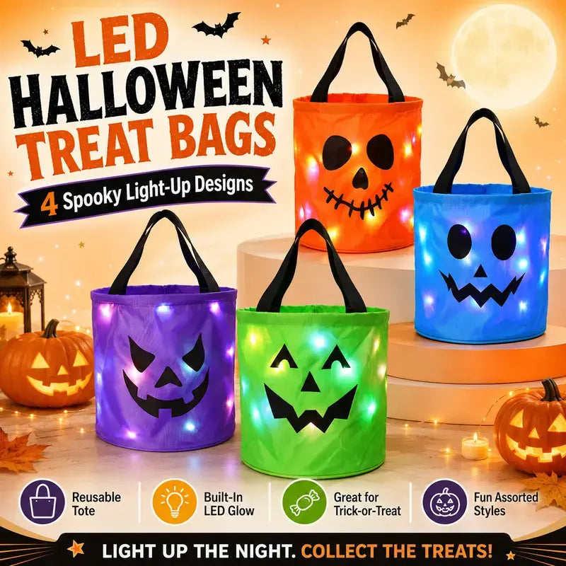 LED Halloween Pumpkin Light Candy Bucket & Goodie Bag Set (4 Pcs) – Reusable Trick-or-Treat Gift