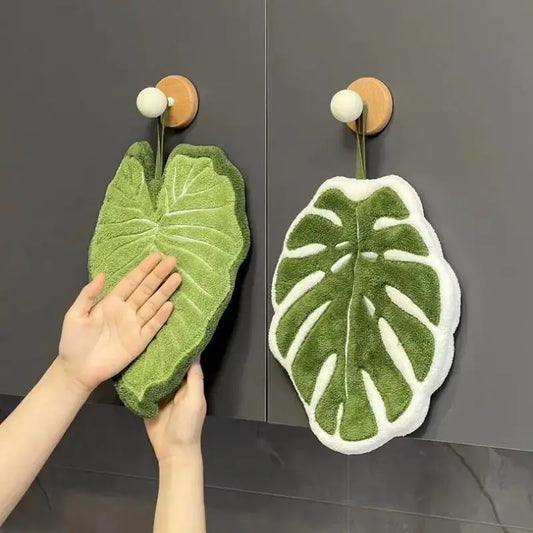 Monstera Deliciosa Hanging Hand Towels: Absorbent & Lint-Free Coral Fleece for Kitchen