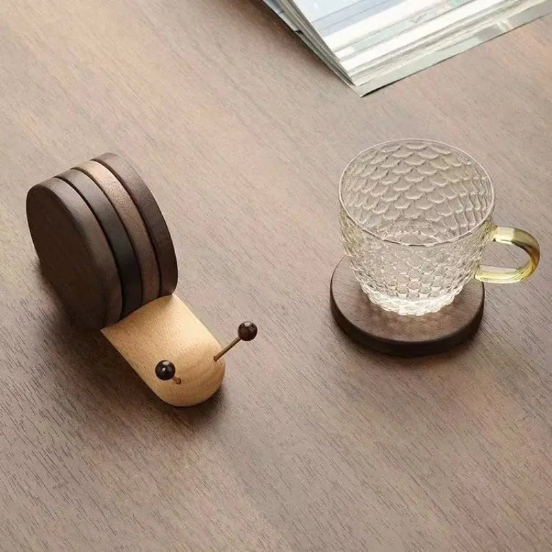 Snail Wooden Coaster Set – Magnetic Heat-Resistant Cup Coasters with Holder