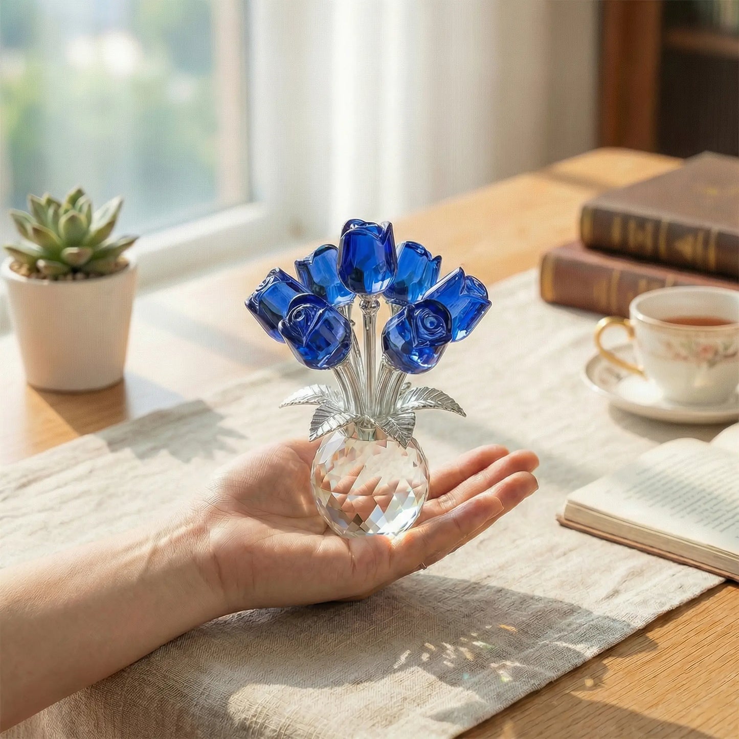 Colorful Rose Flower Crystal Figurine with Vase Bouquet K9 Crystal Handmade Ornament for Wife Girlfriend Women Home Table Decor Valentine's Day Wedding Anniversary Gift