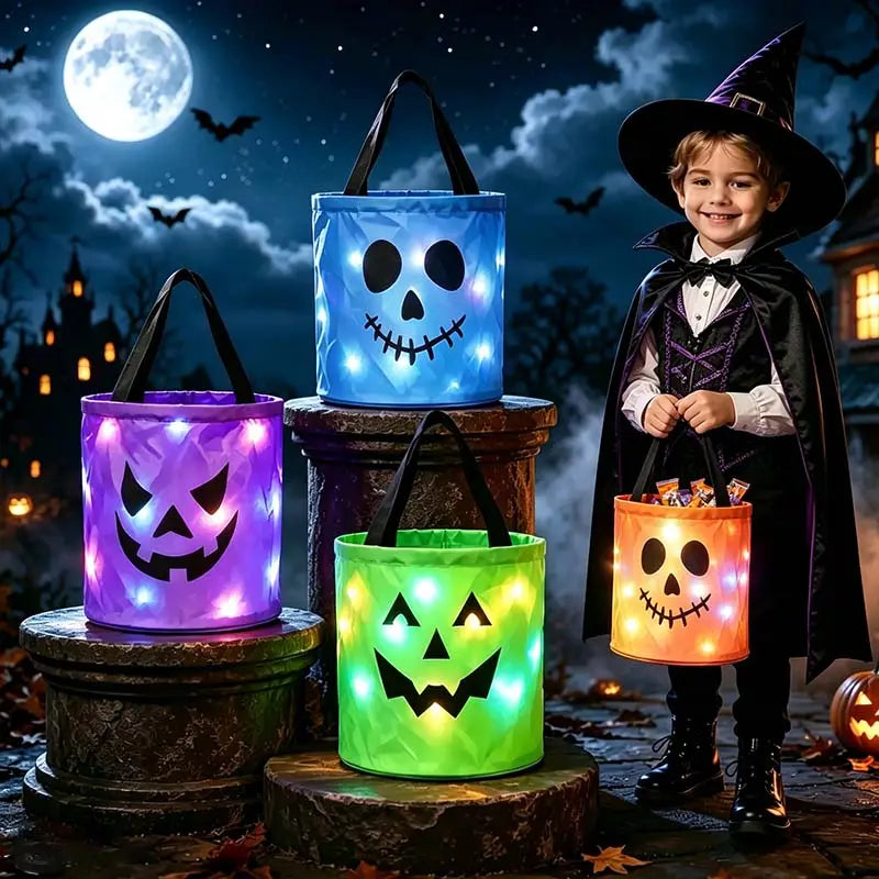 LED Halloween Pumpkin Light Candy Bucket & Goodie Bag Set (4 Pcs) – Reusable Trick-or-Treat Gift