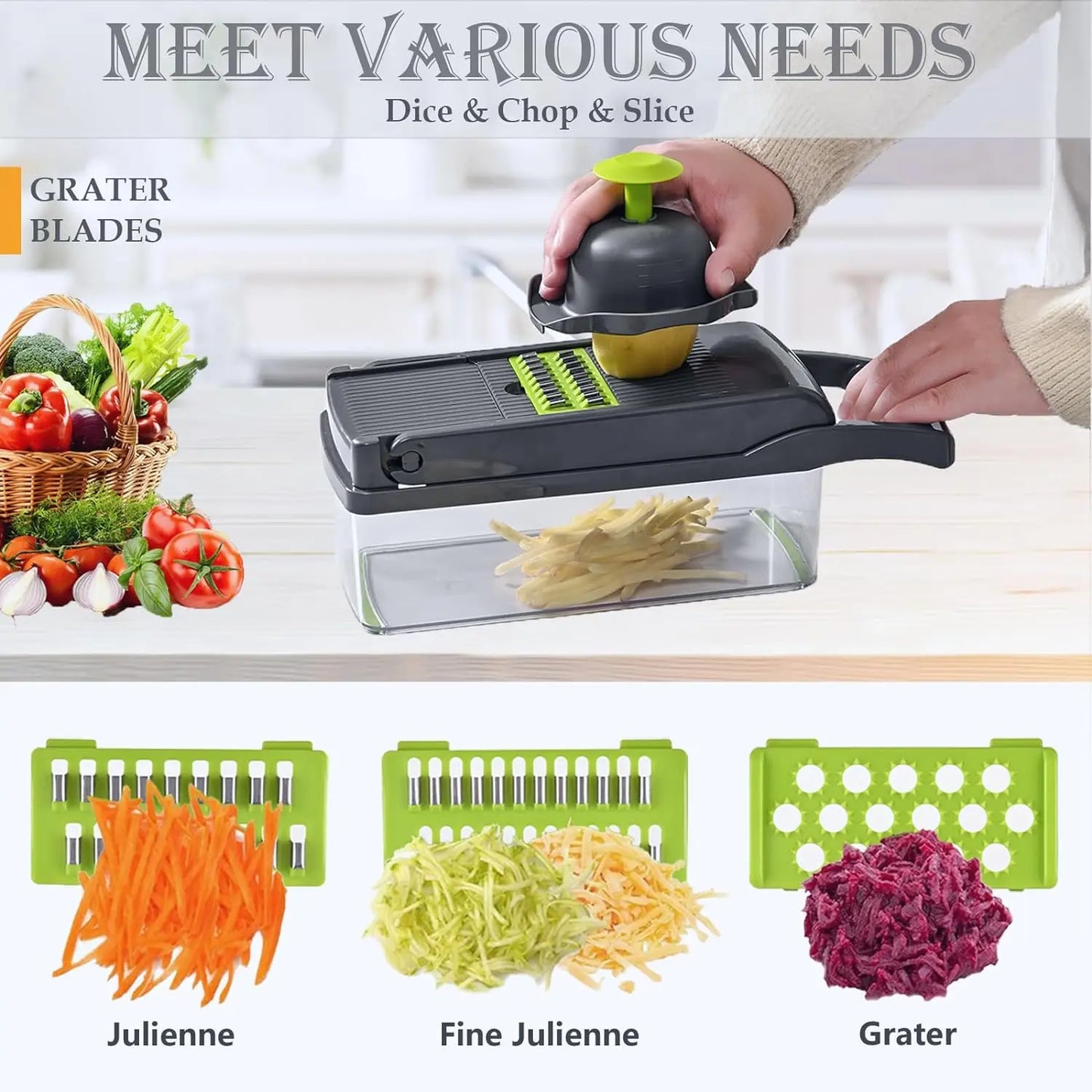 Multifunctional 14 /16 in 1 Food Chopper, Kitchen Vegetable Slicer Dicer Cutter With 8 Blades, Onion Chopper With Container Stainless Steel Utensils