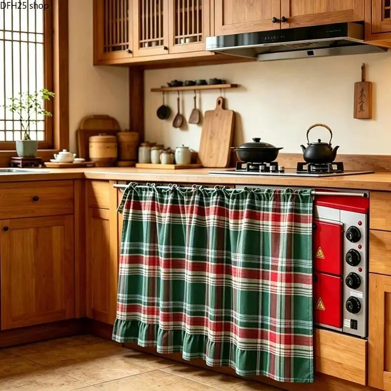 2026 Farmhouse Stove Curtain – Gingham Plaid Ruffle Short Window Valance