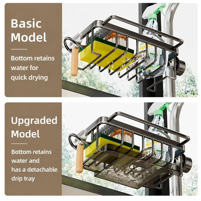 Stainless Steel Hanging Faucet Drain Rack with Drip Tray – Detachable Sponge & Brush Holder