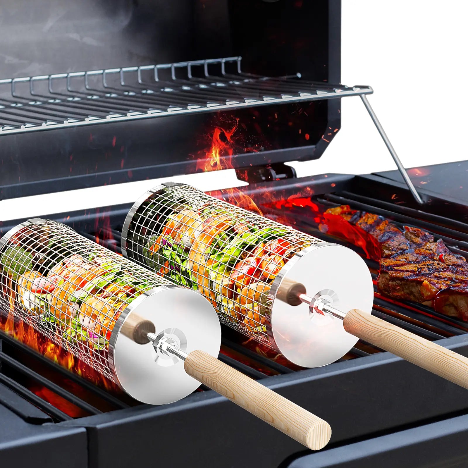 2PCS 304 Stainless Steel Rolling Grill Baskets with Wooden Handles – Nesting Portable BBQ Utensils for Vegetables & Shrimp