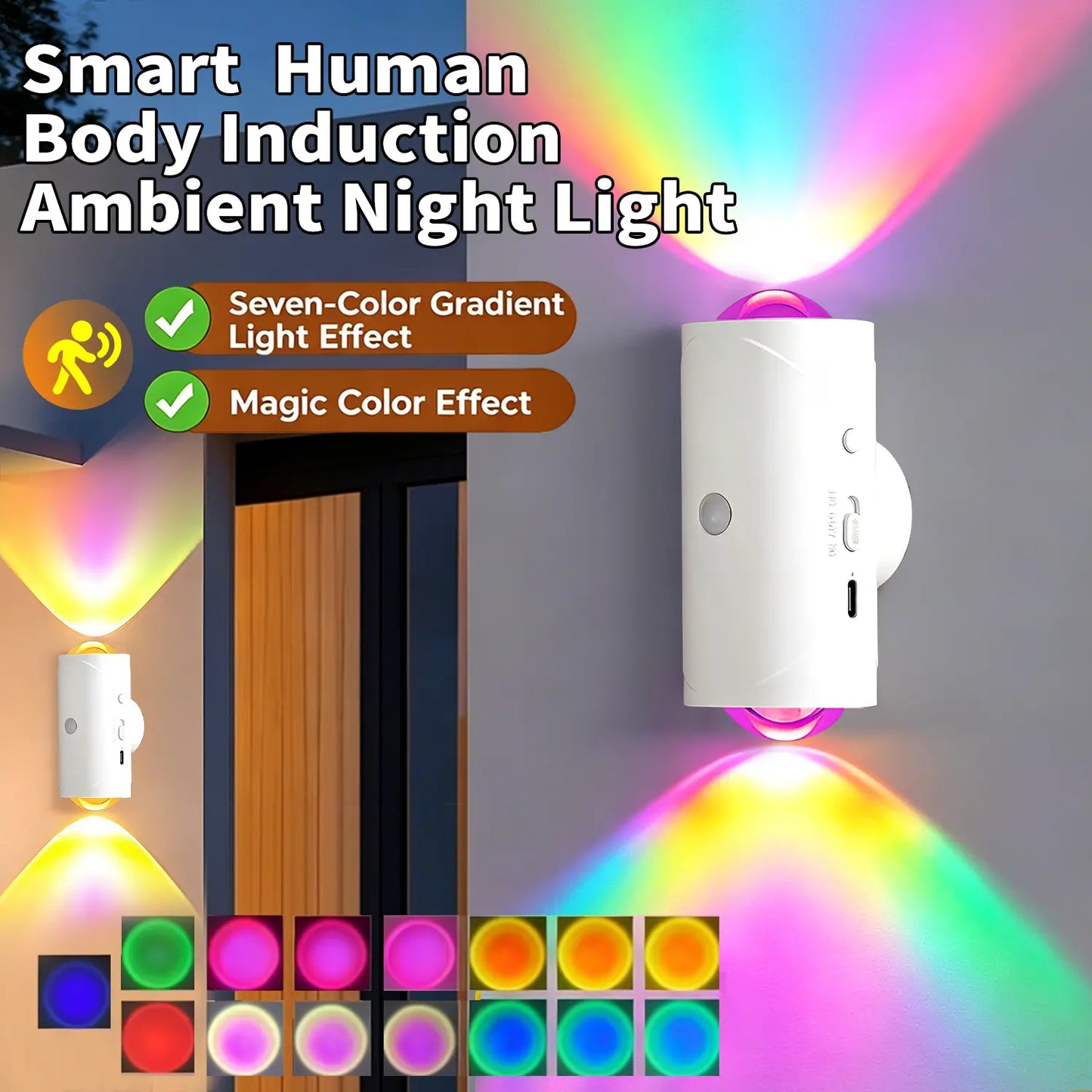 Smart Rechargeable Motion Sensor LED Night Light – RGB Ambient Wall Lamp