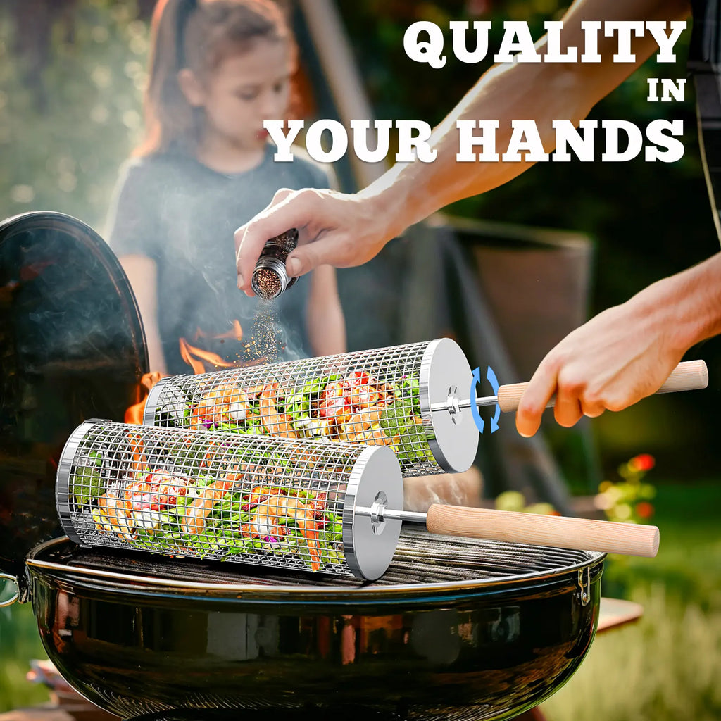 2PCS 304 Stainless Steel Rolling Grill Baskets with Wooden Handles – Nesting Portable BBQ Utensils for Vegetables & Shrimp