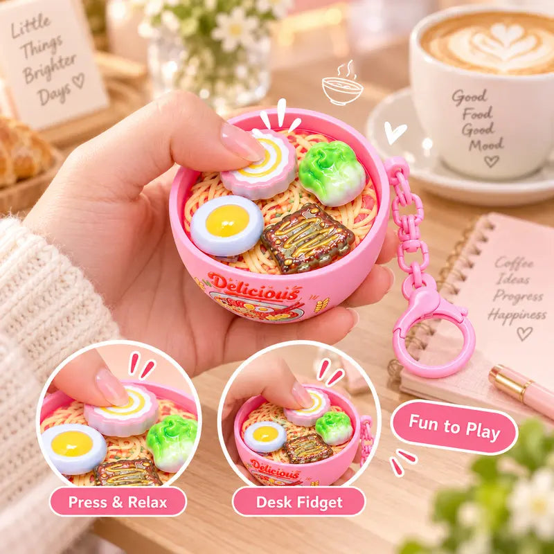 Cute Ramen Noodle Bowl Pressable Spinning Fidget Toy Keychain – Novelty Bag Charm