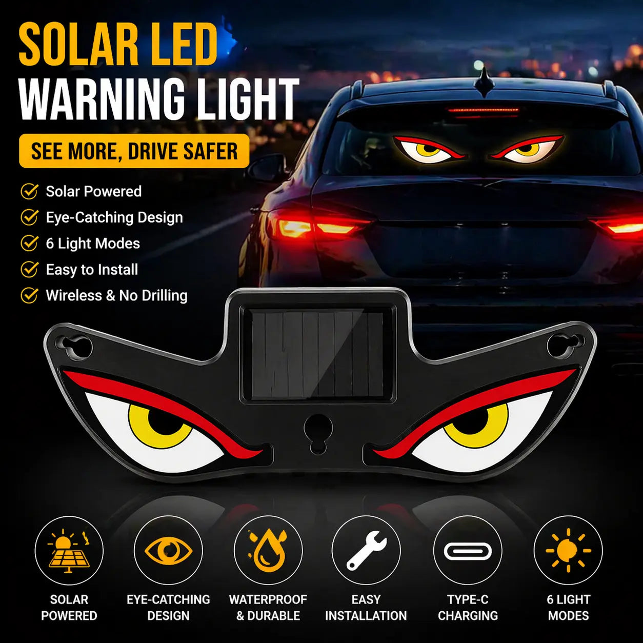 Solar LED Devil Eye Car Warning Light – Universal Rear Window Safety Light