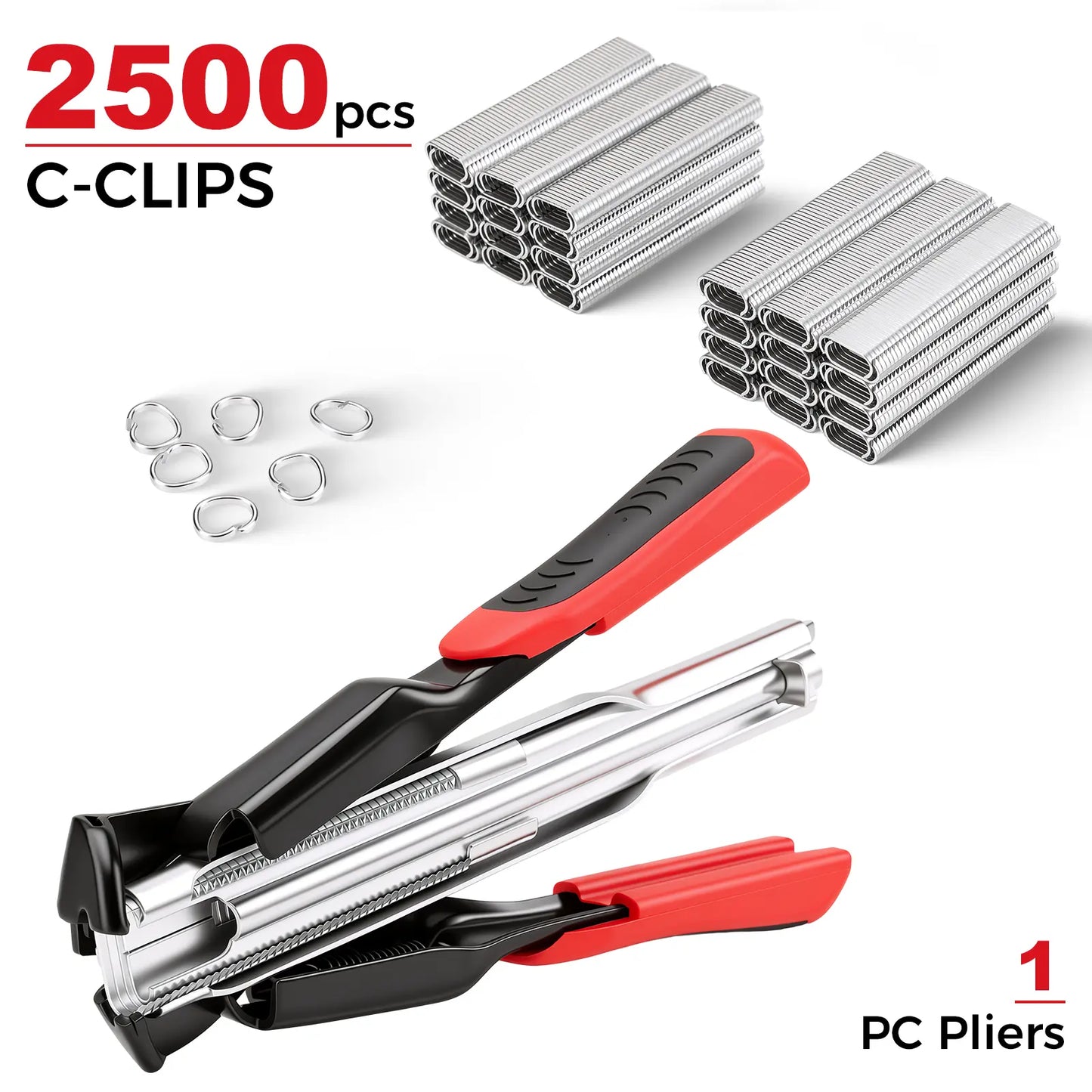 GJANSH 100 PCS/2500 PCS C Clips Hog Ring Pliers Kit, 3/4'' Hog Ring Nail, Fencing Plier Staple Gun Cage Clamp for Animal Pet Cages Fencing, Upholstery, Car Cushions, Meat and Sausage Casings fathersdaygift