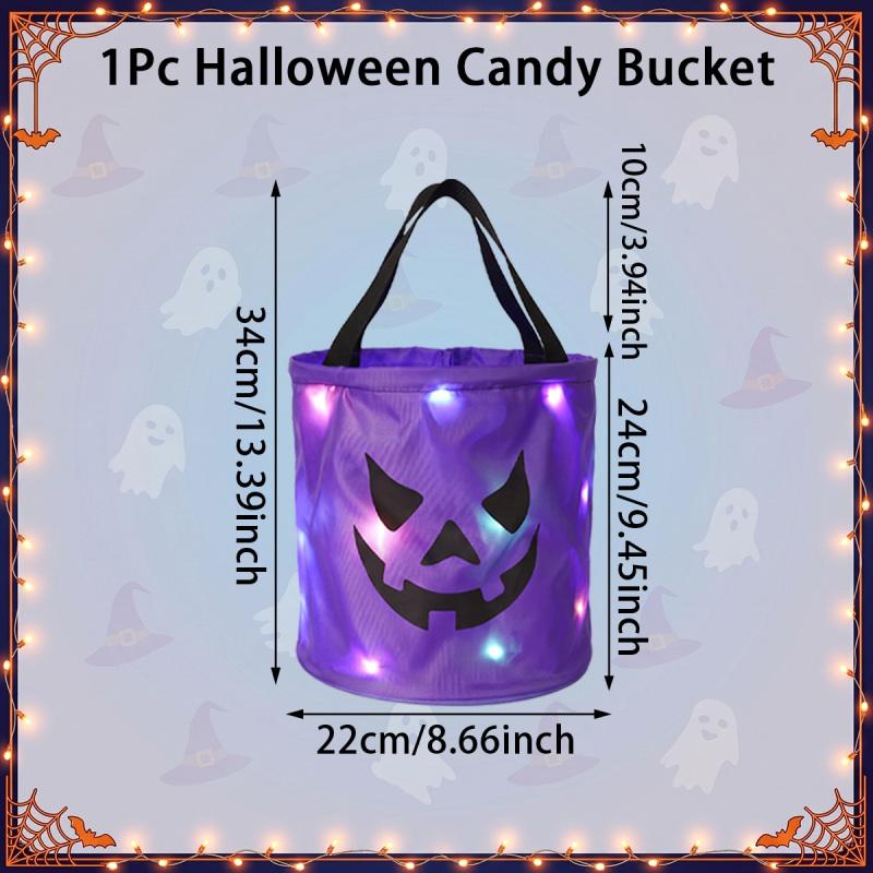 LED Light Halloween Pumpkin Candy Bucket Bags – Reusable Trick or Treat Tote