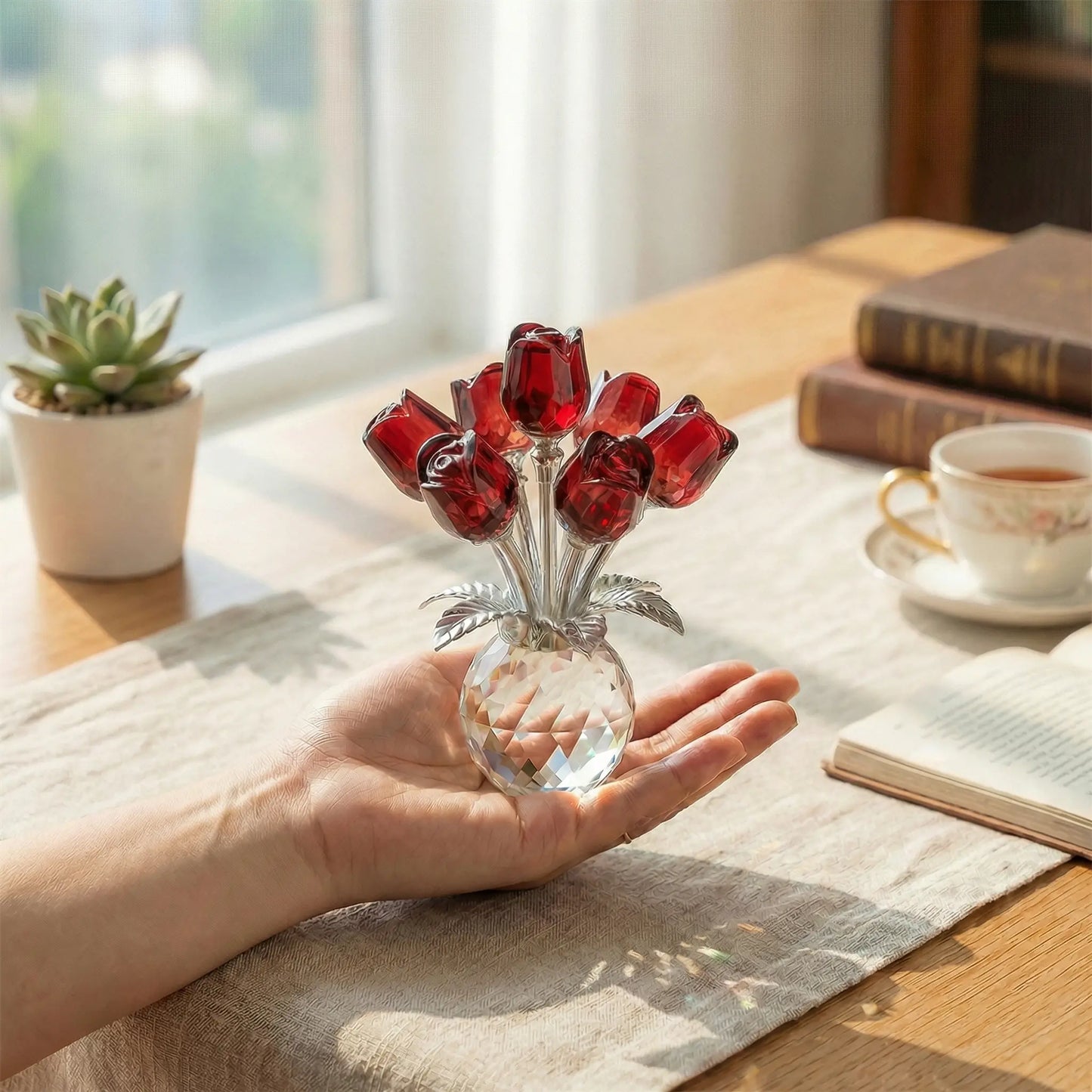 Colorful Rose Flower Crystal Figurine with Vase Bouquet K9 Crystal Handmade Ornament for Wife Girlfriend Women Home Table Decor Valentine's Day Wedding Anniversary Gift