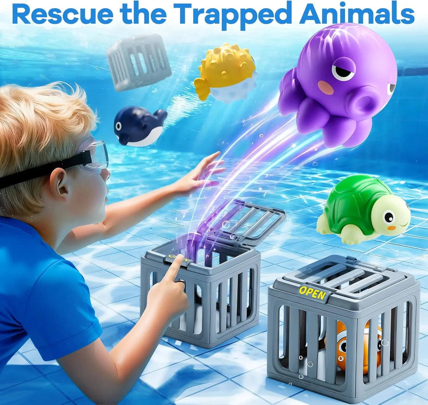 Kids Pool Diving Toy Set – Floating Sea Animals & Treasure Cage