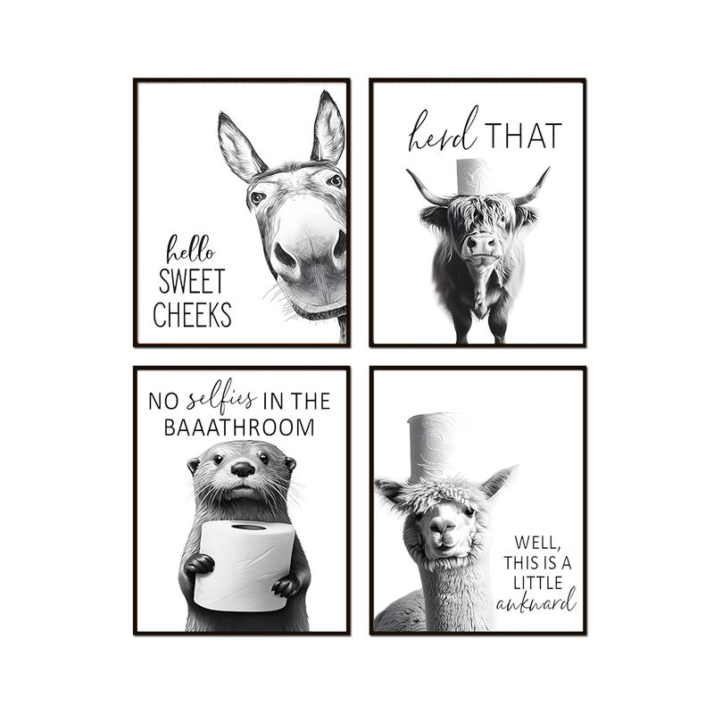 A rural-style poster featuring a picture of a donkey and a cow, an amusing bathroom wall decoration, a black and white bathroom logo decoration, interesting animal head portraits, suitable for bathrooms and bedrooms.