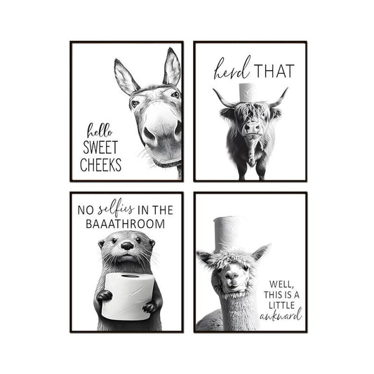A rural-style poster featuring a picture of a donkey and a cow, an amusing bathroom wall decoration, a black and white bathroom logo decoration, interesting animal head portraits, suitable for bathrooms and bedrooms.