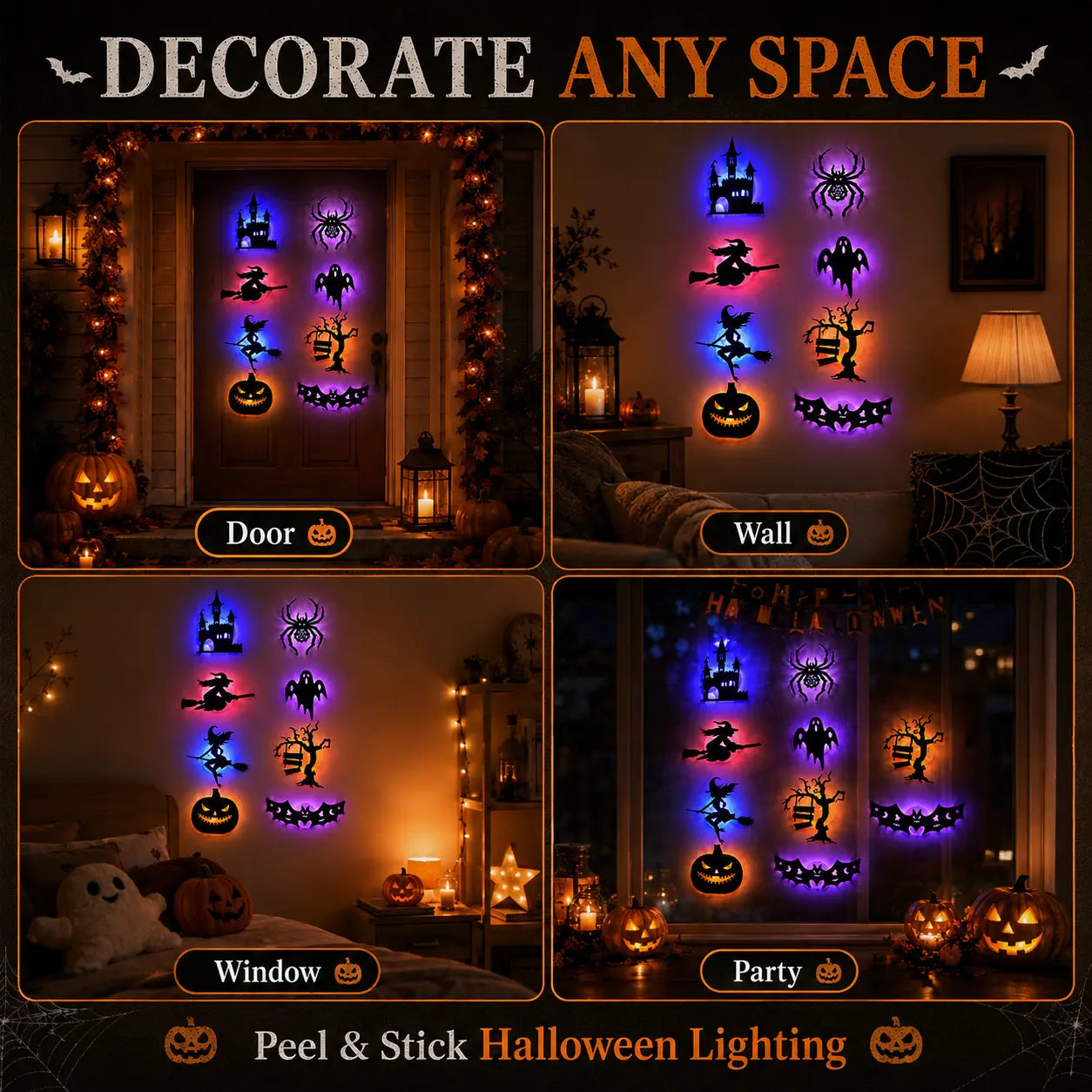 Halloween LED Silhouette Wall Light Stickers – Battery-Powered Waterproof Peel & Stick Window Decor