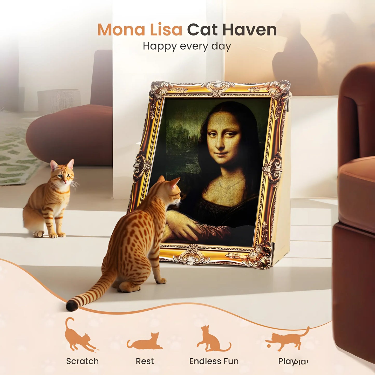 VAGASCAPE Mona Lisa Cat Scratcher Bed 2026 with Arm Front Panel Eco-Friendly Cardboard Cat House Easy-to-Assemble Artistic Home Decoration for Cats and Small Pets