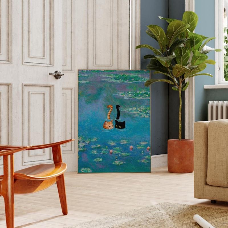 Black and Orange Cat Print Monet Waterlily Funny Wall Art Poster for Home Valentines Day Decor