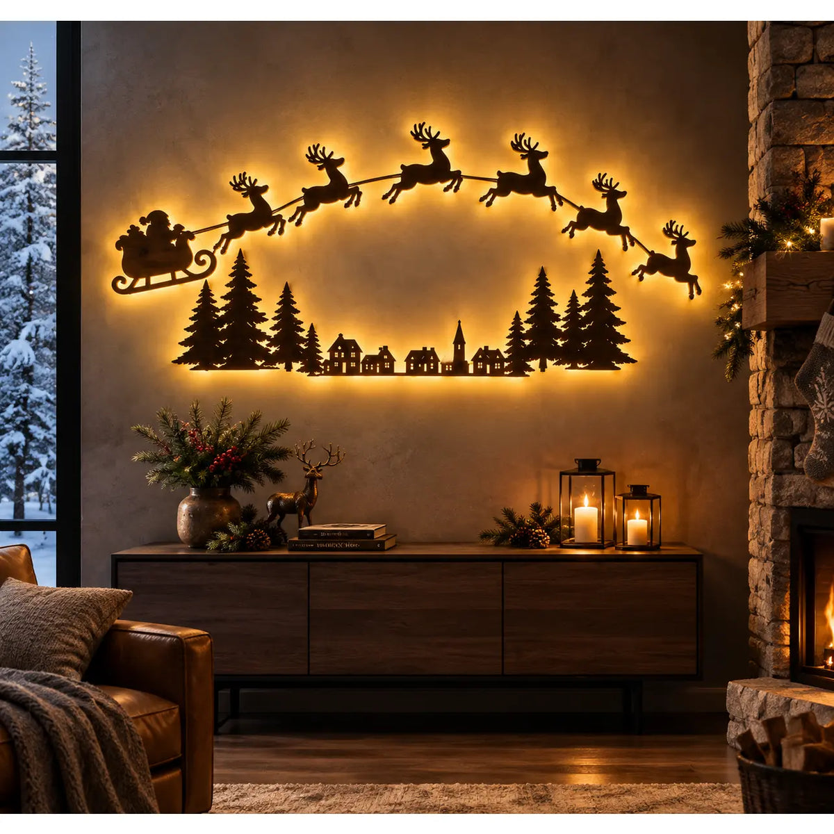 Christmas Reindeer & Santa’s Sleigh Wall Decal Light – Multicolor LED Holiday Decor