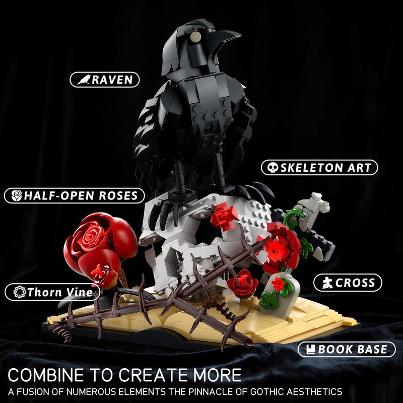 BUILDIFY Gothic Raven & Skull Art Building Set 758 PCS with Crow Skulls Roses & Books Dark Botanical Art Block Kit Compatible with Lego Perfect Gift for Gothic Fans & Brick Collectors