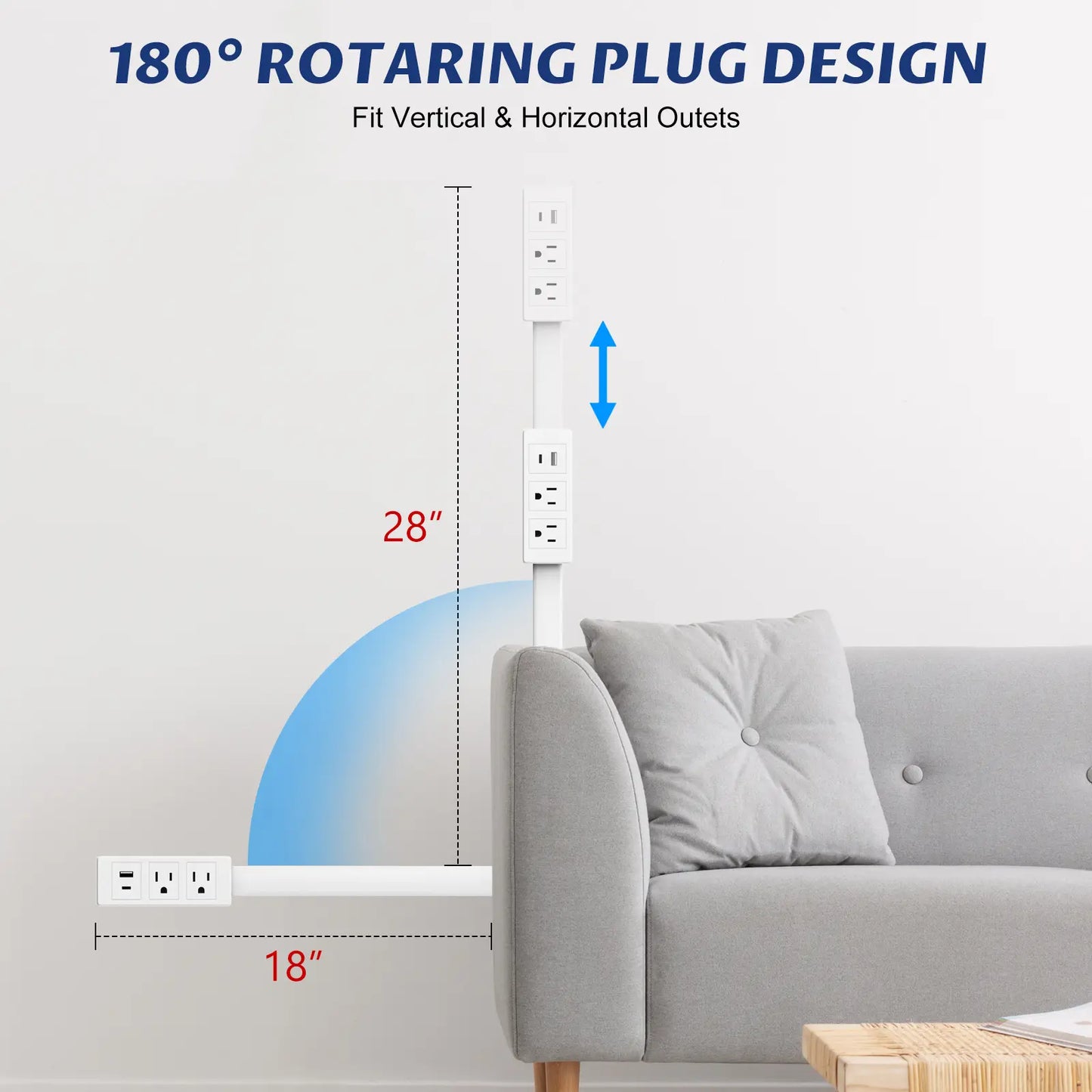 【100% FIRE-SAFE】EAZY Outlet Extender – Prevents Fire Hazards, Extendable 18"-28" Featuring USB-C, USB-A & 2 AC Outlets, 180° Rotating Plug Adapter for Hard-to-Reach Sockets Behind Furniture