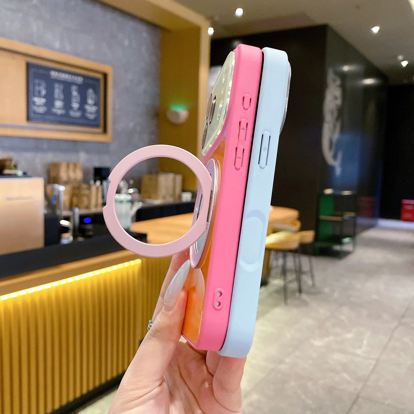 Dopamine Colorblock Glossy Magnetic Case for iPhone 17 Pro Max – 360° Rotating Ring Stand & MagSafe Cover