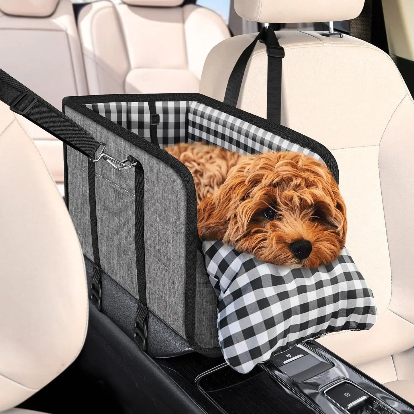 Center Console Dog Car Seat for Small Dogs & Cats with Safety Leash & Cushion