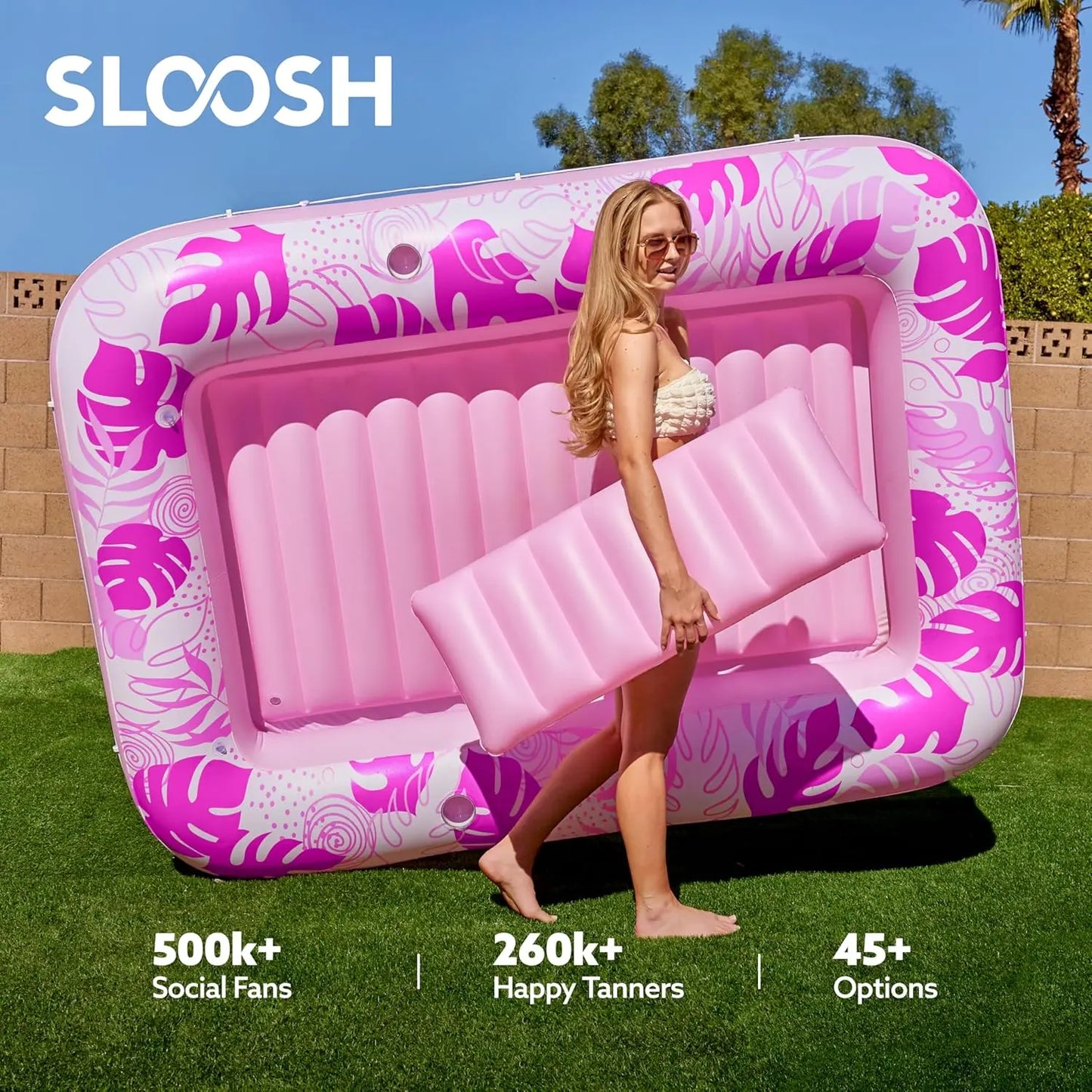 Sloosh L/XL Extra Large Inflatable Tanning Pool Float (70"x46"/85"x57") | 4-in-1 Adult Sunbathing Bed with Pillow, Cup Holder & Kids Ball Pit