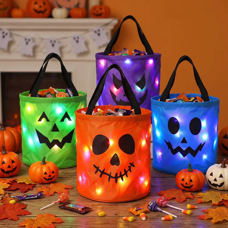 LED Light Halloween Pumpkin Candy Bucket Bags – Reusable Trick or Treat Tote