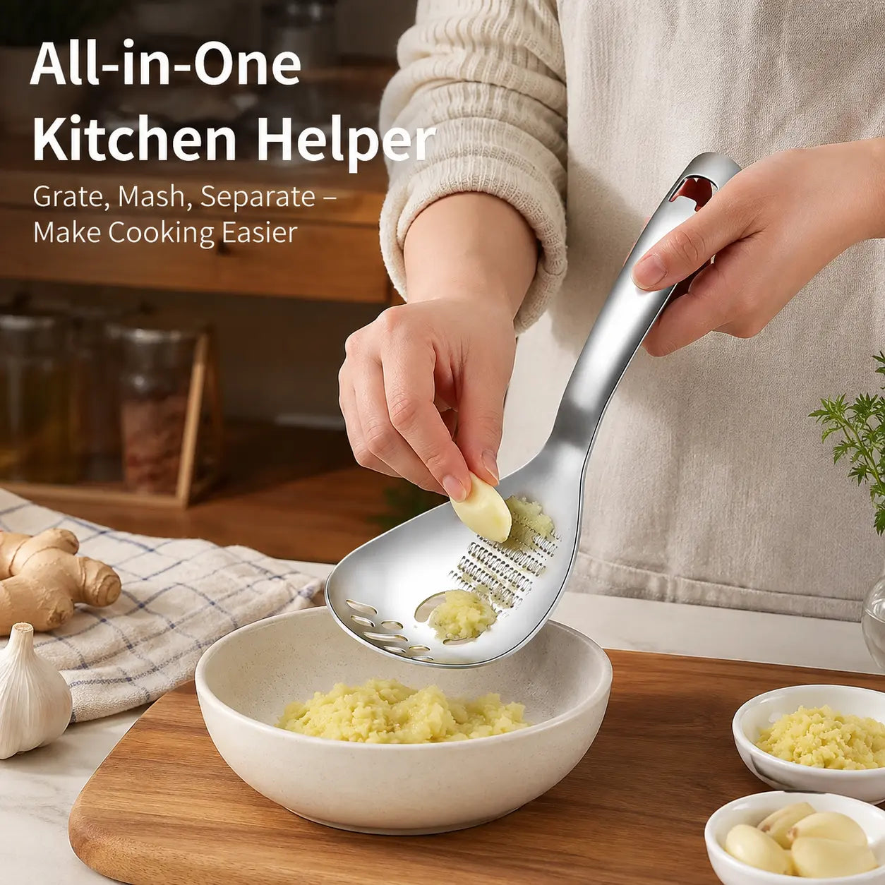 304 Stainless Steel Multifunctional Kitchen Spoon – Egg Separator, Garlic Grater & Mud Masher