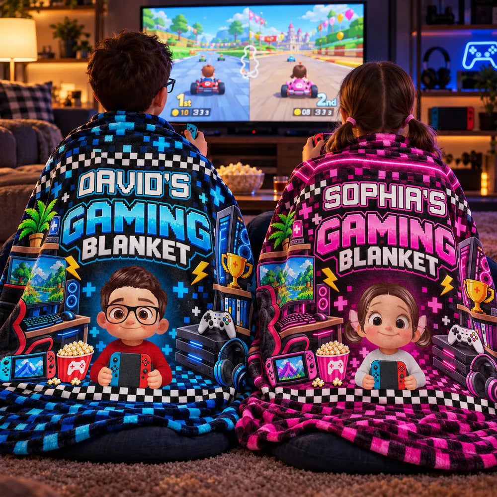 Personalized Fleece Blanket with Cartoon Gamer Holding a Controller, Blue Pixel Art, Unique Gift for Son - 2