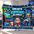 Personalized Fleece Blanket with Cartoon Gamer Holding a Controller, Blue Pixel Art, Unique Gift for Son - 1