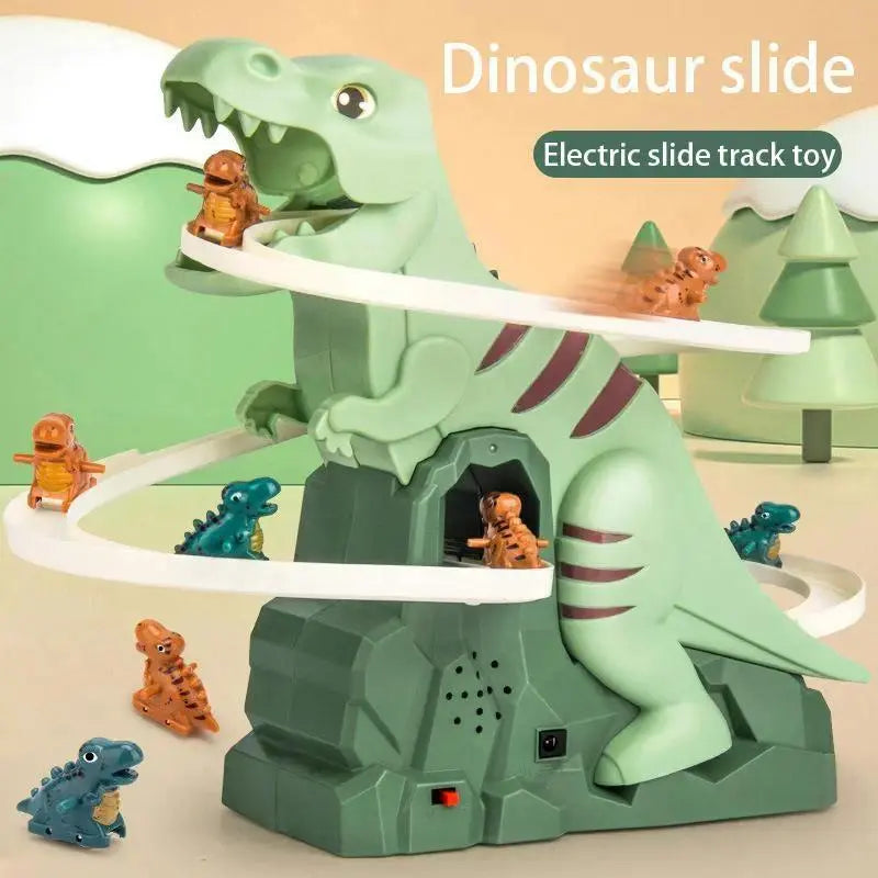 Electric Dinosaur Stair Climbing Toy, Automatic Slide Track Playset with 6 Dinosaur Cars, Educational Interactive Racing Toy for Kids, Ideal Holiday Birthday Gift
