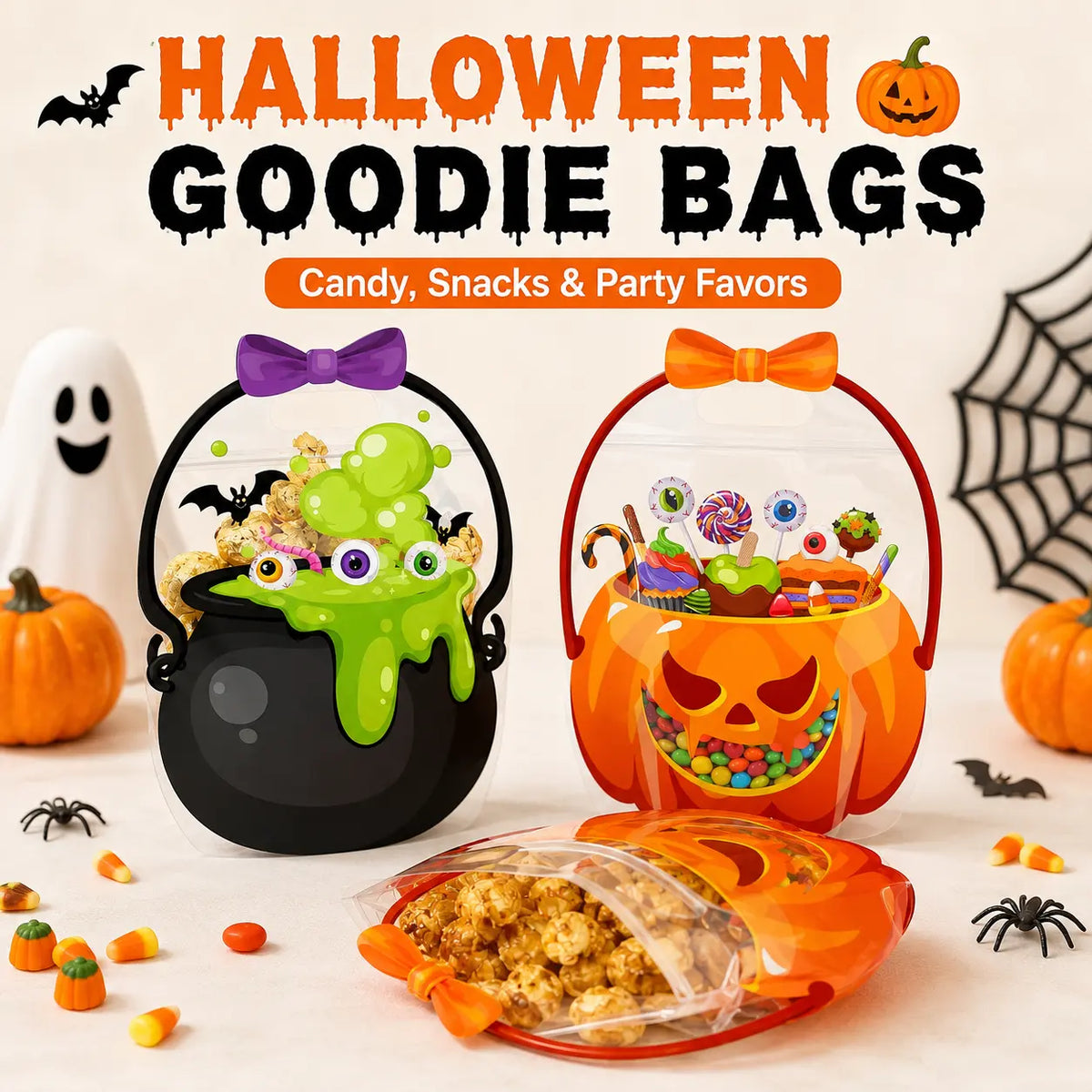 12-60 Pcs Halloween Plastic Goodie Bags – Trick or Treat Candy Bags with Pumpkin & Skull Patterns