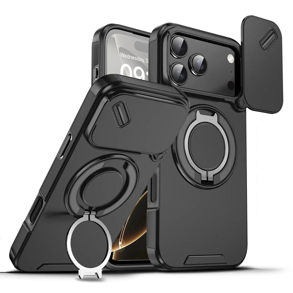 Military-Grade Magnetic Protective Case with Sliding Camera Cover & 360° Rotatable Ring Stand for iPhone 17 Pro Max