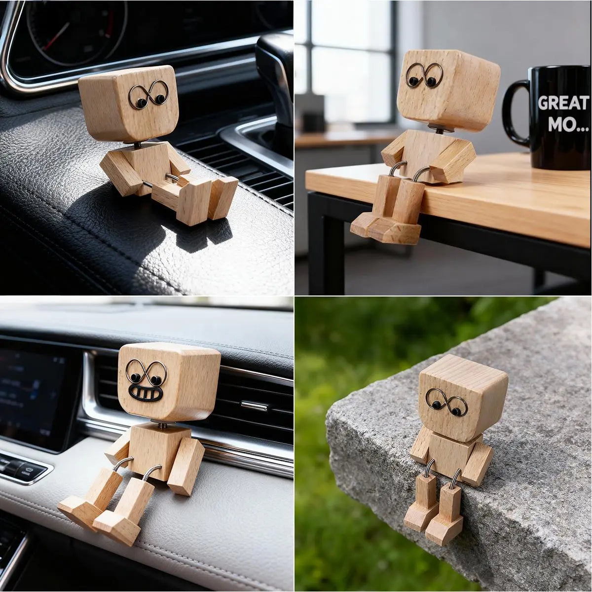 Shaking Wooden Man Car Dashboard Accessories, Handmade Wood Desktop Decor, Funny Cars Ornaments Shak Feet Woodens Doll with 12PCS Magnetic Expressions