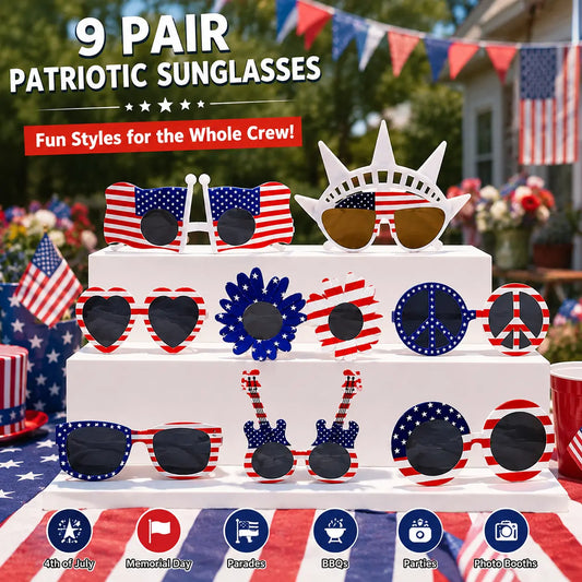 9 Pairs USA Patriotic Sunglasses, American Flag Novelty Party Glasses for 4th of July
