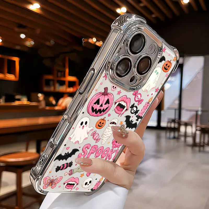 Cute Candy Pumpkin & Ghost Transparent Phone Case for iPhone 17 Pro Max – 4-Corner Anti-Fall Shockproof Cover