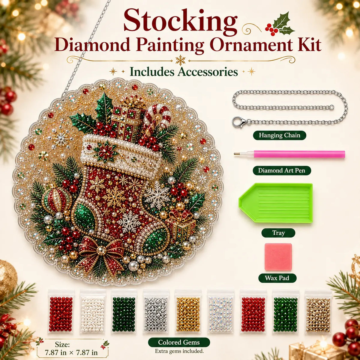 Santa DIY Diamond Painting Hanging Ornament Kit – 8x8" Gem Art Craft Set for Christmas Decor