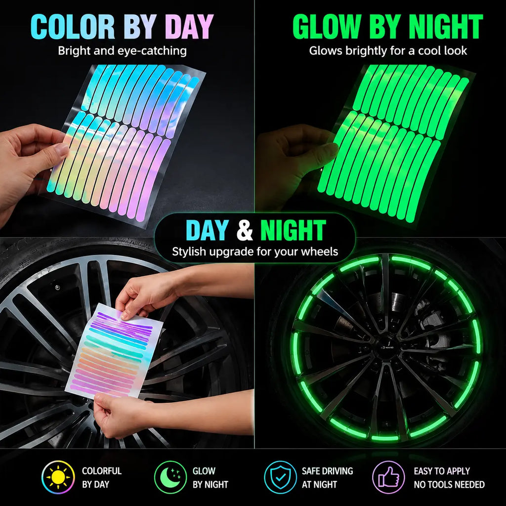 60-Piece Glow in The Dark Reflective Wheel Rim Stickers – Waterproof Universal Decals for Cars