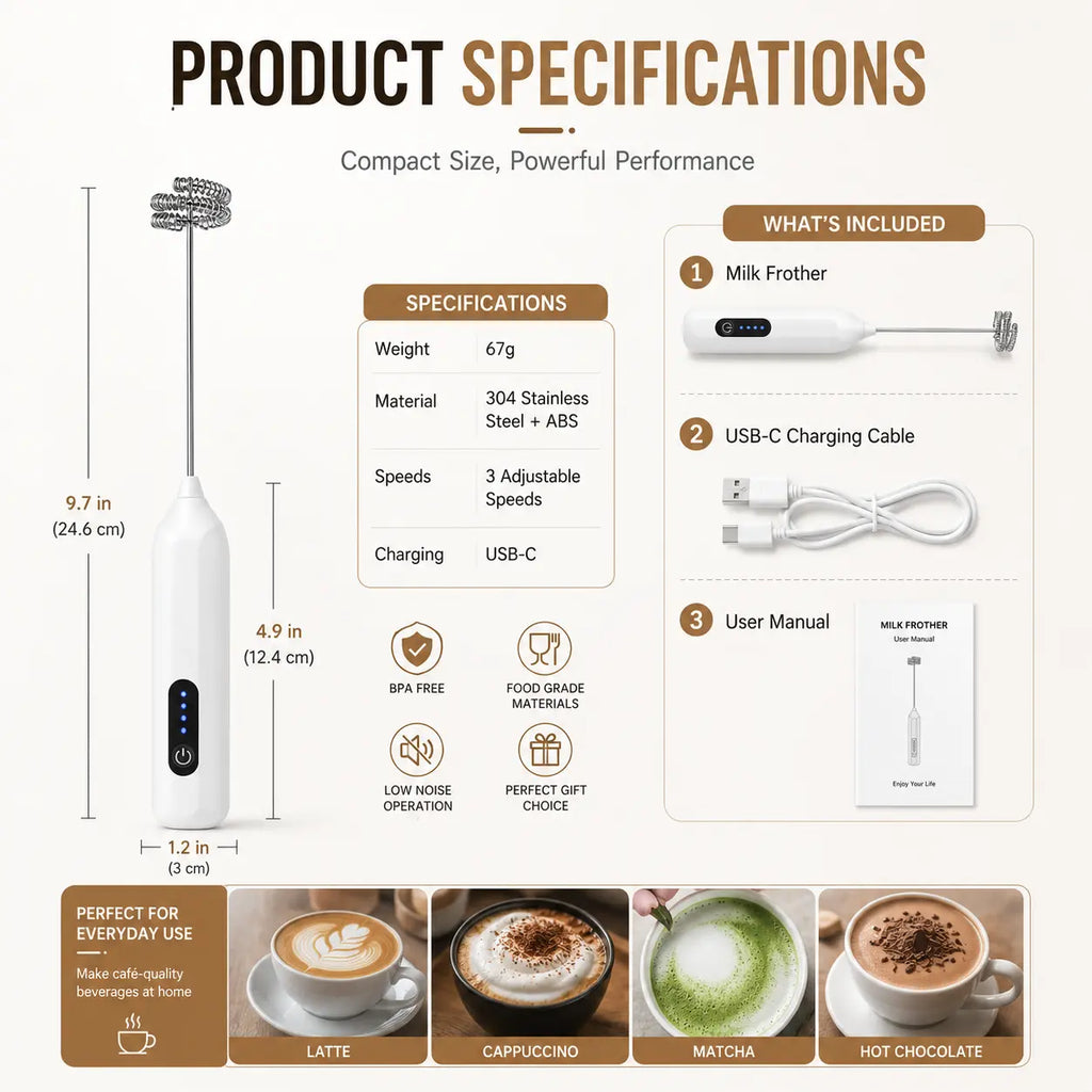 Espumador de Leche Eléctrico Portátil – Fabricante de Espuma de Acero Inoxidable Recargable por USB-C