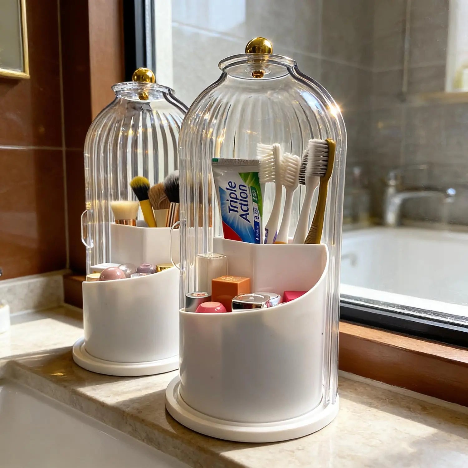 3-Slot Toothbrush Holder with Sliding Lid, Rotating Bathroom Countertop Organizer for Vanity