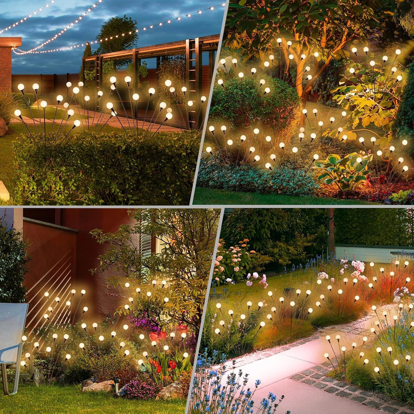 Outdoor Solar Firefly Lights, 4/8 Pack Waterproof Garden Stake Lights with Auto Dusk-to-Dawn Glow, 32/64 LED Bulbs for Yard, Patio, Pathway, Walkway & Landscape Decor