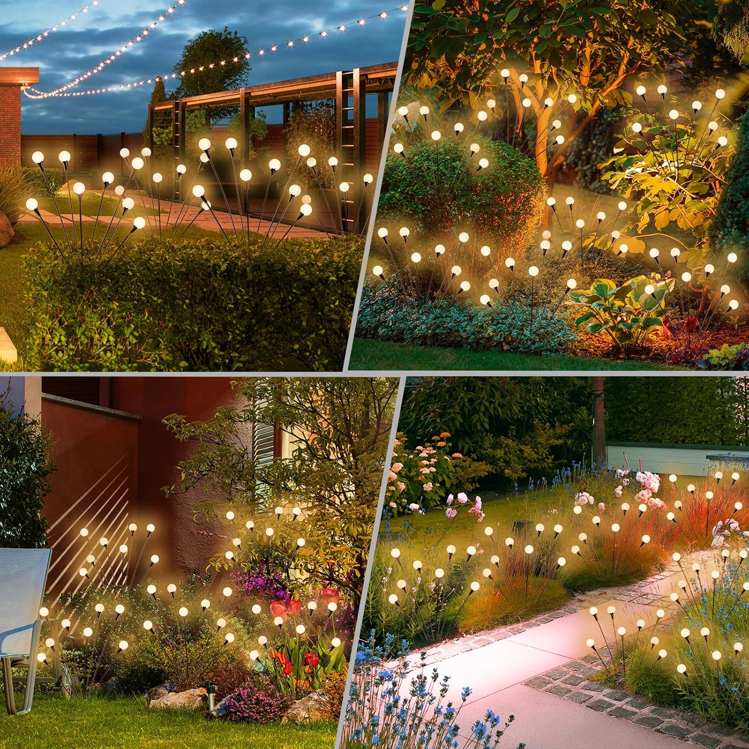 Outdoor Solar Firefly Lights, 4/8 Pack Waterproof Garden Stake Lights with Auto Dusk-to-Dawn Glow, 32/64 LED Bulbs for Yard, Patio, Pathway, Walkway & Landscape Decor