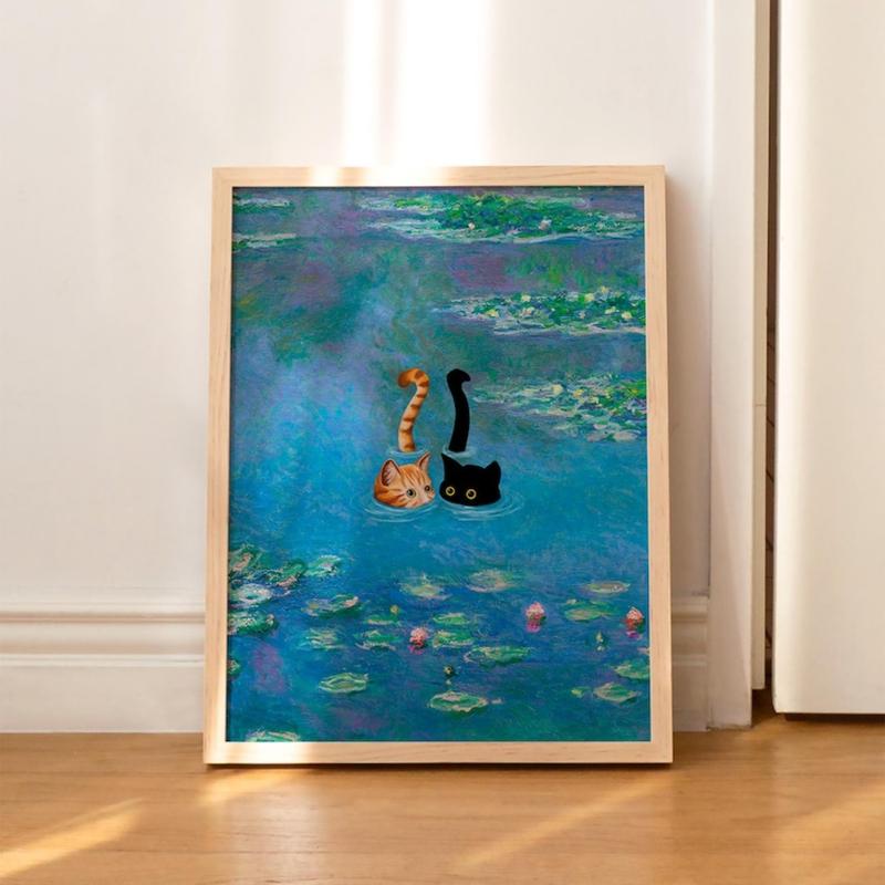 Black and Orange Cat Print Monet Waterlily Funny Wall Art Poster for Home Valentines Day Decor