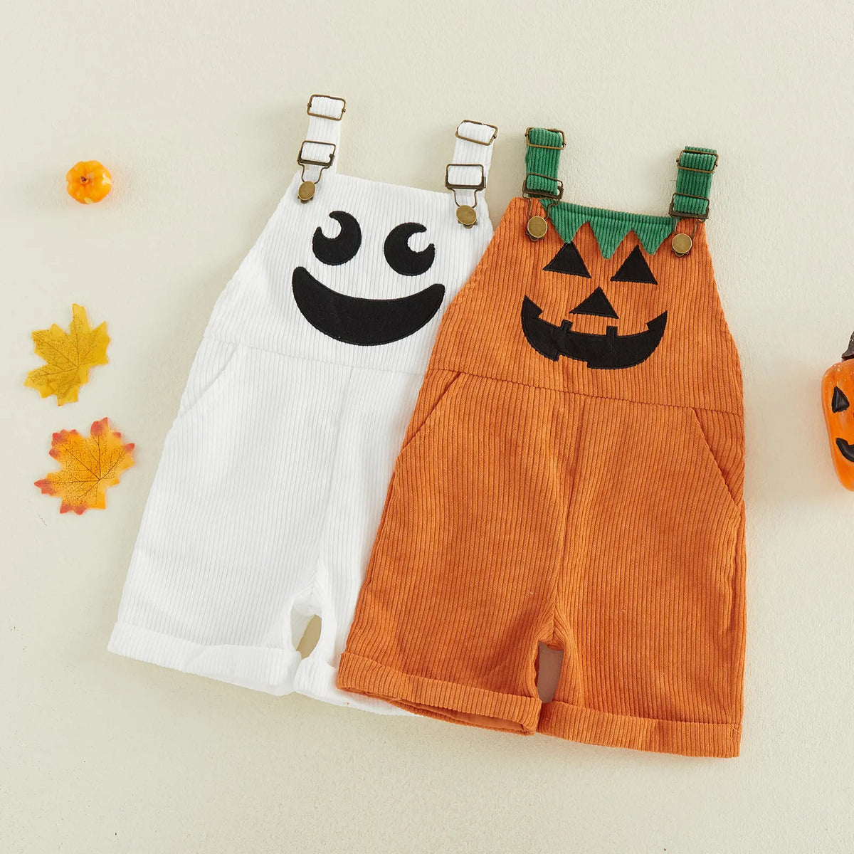 Toddler Baby Boy Halloween Devil Face Ribbed Overalls – Sleeveless Pocket Jumpsuit