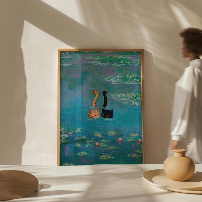 Black and Orange Cat Print Monet Waterlily Funny Wall Art Poster for Home Valentines Day Decor