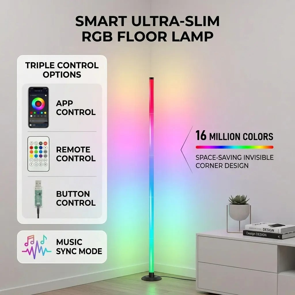 Smart RGB LED Corner Floor Lamp – App & Remote Controlled Ambient Light