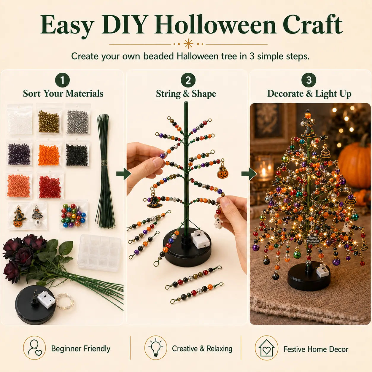 DIY Beaded Christmas Tree Kit with Crystal Beads & Metal Frame – Handmade Tabletop Holiday Decor